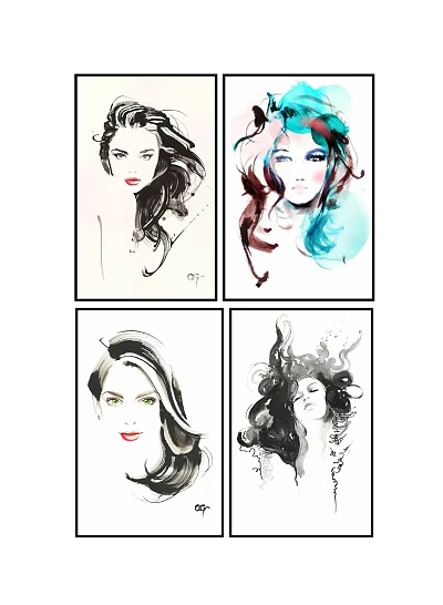 Female Portrait Paintings with Artistic Hair Designs in Watercolor Ink Style and Diverse Hairstyle Artwork 3d model
