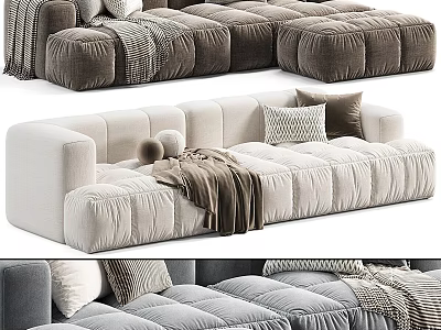 Cozy Modern Sectional Sofa with Neutral Tones Pillows Throw Blankets and Velvet Upholstery 3d model