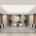 Modern Hotel Public Lounge Area With White Armchairs Brown Paneled Walls And Marble Flooring