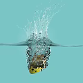 Vibrant Garden Scene with Red Tomato Falling into Water Creating Splash on Light Blue Background
