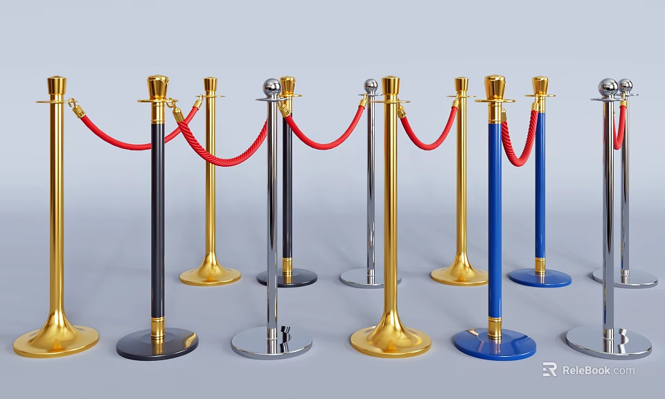 Colorful Metal Fencing With Gold Silver Blue Black Stanchions And Red Ropes 3d model 
