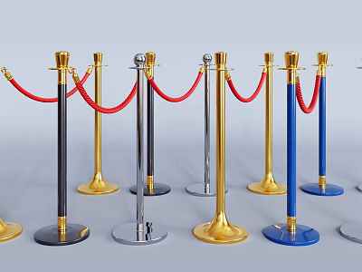 Colorful Metal Fencing With Gold Silver Blue Black Stanchions And Red Ropes 3d model