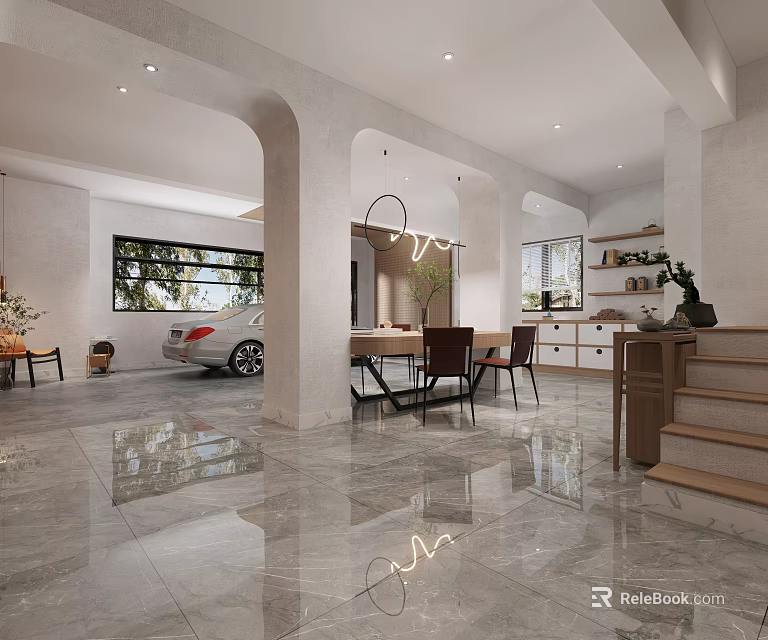 Modern Basement Interior with Marble Floor Arched Doorways Dining Table and Stairs 3d model