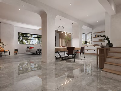 Modern Basement Interior with Marble Floor Arched Doorways Dining Table and Stairs 3d model