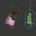 Hanging Green Plants in Metal Planters with Circular and Oval Holders on Gray Background