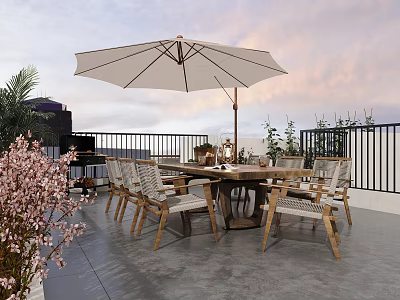 Outdoor Terrace Dining Space With Wooden Table Chairs Umbrella And Plants At Sunset 3d model