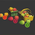 Colorful Fresh Fruits in Green and Yellow Baskets with Sliced Ones on Black Background