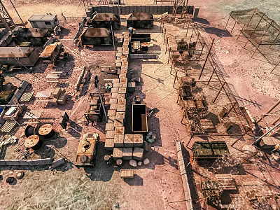 Makeshift Outdoor Camp Area With Scattered Crates Barrels Vehicles And Fences 3d model