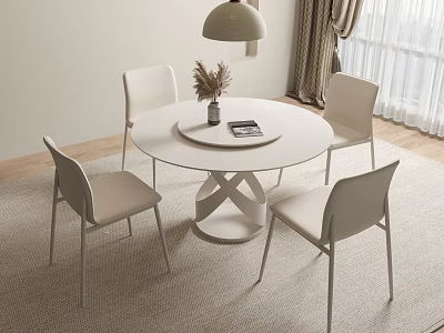 Modern Round Dining Table Set With Four Chairs Vase Pendant Lamp And Window Curtains 3d model