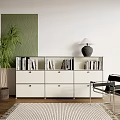 White Bookcase With Drawers Table Lamp Books Near Green Wall Panel Potted Plant Chair Rug