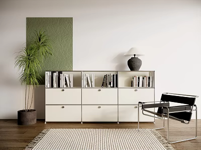 White Bookcase With Drawers Table Lamp Books Near Green Wall Panel Potted Plant Chair Rug 3d model