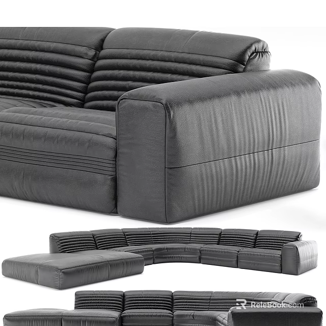 Plush Black Leather Sectional Sofa With Modern L Shaped Design And Ottoman 3d model 