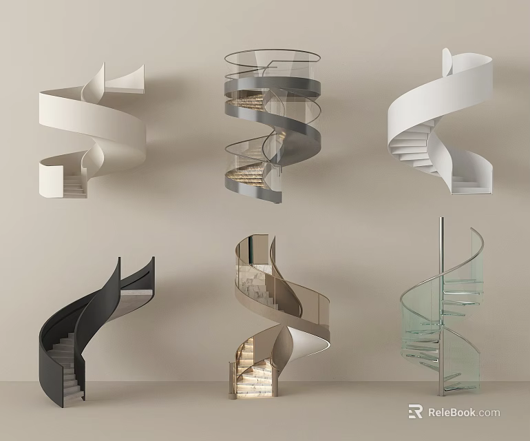 Modern Spiral Staircases With Various Designs And Glass Railings In White Black Gray 3d model 