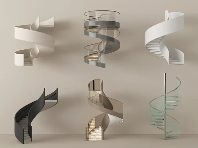 Modern Spiral Staircases With Various Designs And Glass Railings In White Black Gray 3d model