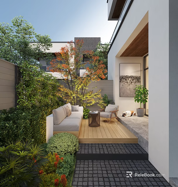 Modern Courtyard Garden Landscape With Wooden Deck Outdoor Sofa Chair And Lush Green Plants 3d model 