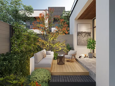 Modern Courtyard Garden Landscape With Wooden Deck Outdoor Sofa Chair And Lush Green Plants 3d model