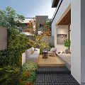 Modern Courtyard Garden Landscape With Wooden Deck Outdoor Sofa Chair And Lush Green Plants