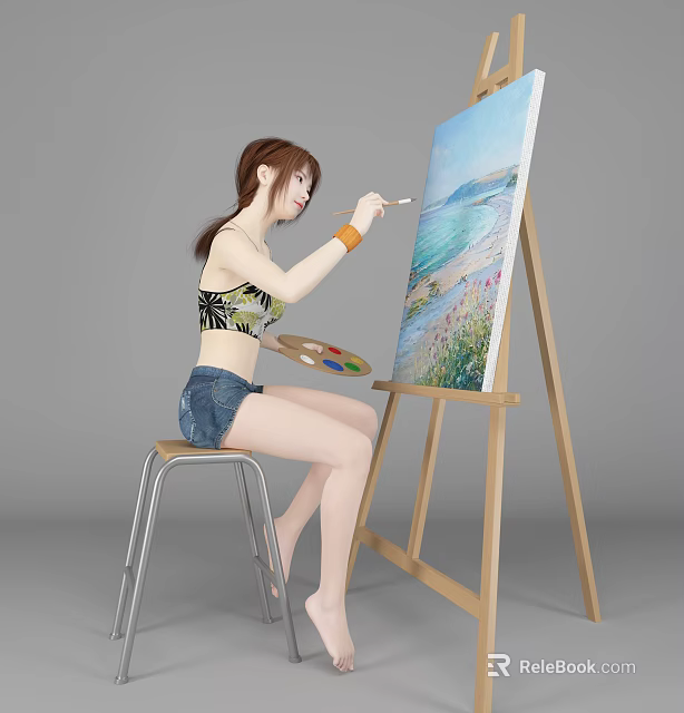 Woman Sitting On Stool Painting Seaside Landscape On Easel With Palette 3d model 