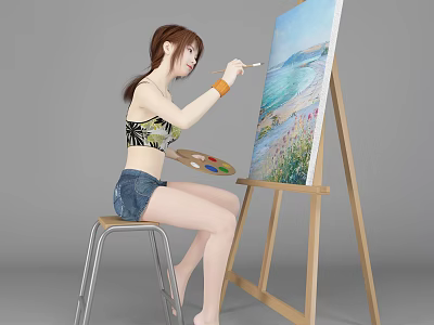 Woman Sitting On Stool Painting Seaside Landscape On Easel With Palette 3d model