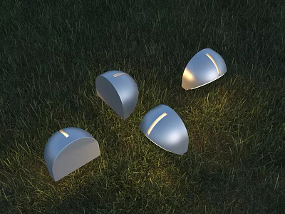 Modern Silver Half Moon Shaped Outdoor Lights Illuminated On Green Grass Area 3d model