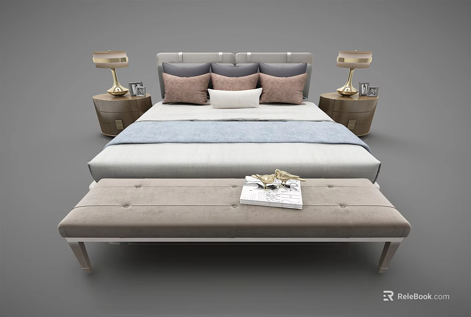 Double Bed With Gray Brown Pillows Bedside Tables Table Lamps And Bench With Magazine 3d model