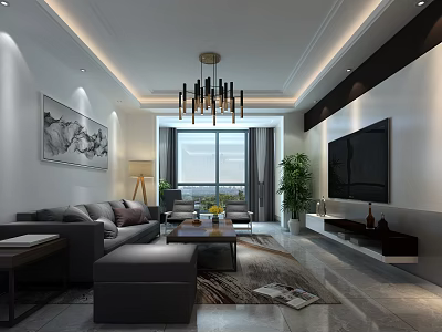 Modern Living Room Interior Design With Gray Sofa Coffee Table Chandelier Large Window And TV 3d model