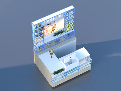 Modern Household Items Display Stand With Glass Shelves Counter Screen And Plants 3d model