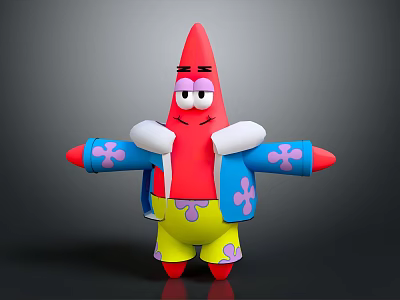 Happy Cartoon Starfish Character With Red Body Blue Coat Yellow Shorts And Pink Purple Flowers 3d model