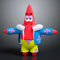 Happy Cartoon Starfish Character With Red Body Blue Coat Yellow Shorts And Pink Purple Flowers