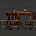 Round Wooden Table With Green Top And Four Wooden Chairs With Wine Bottles And Glasses