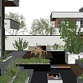 Modern Courtyard Garden With Outdoor Dining Set Water Feature Green Plants And Lighting