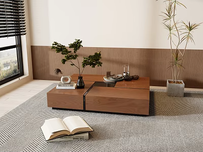 Walnut Coffee Table With Books Vase Glass On Modern Rug Near Window Plants 3d model