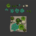 Various Garden Plants Including Succulents Red Flowers And Green Shrubs With Stones On White Base