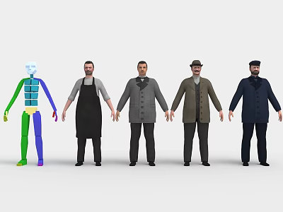 Five Men in Different Outfits Standing Side by Side with Skeleton Apron and Coats 3d model