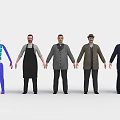 Five Men in Different Outfits Standing Side by Side with Skeleton Apron and Coats