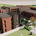 Red Brick Buildings With Connected Structures Dark Roofs And Courtyard Greenery Trees 3d model