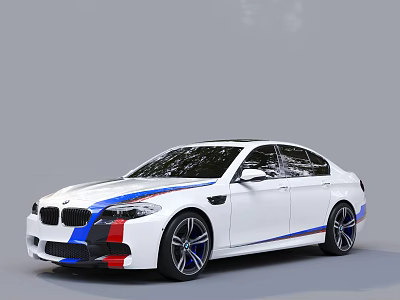 White BMW Sporty Sedan With Blue And Red Stripes Aggressive Front Fascia And Alloy Wheels 3d model