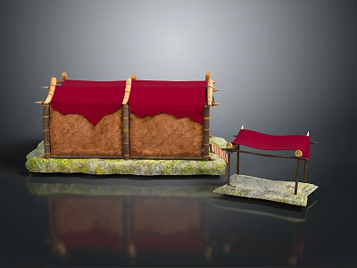 Traditional Architecture Model With Red Roof Brown Walls Bamboo Green Mossy Base And Small Pavilion 3d model