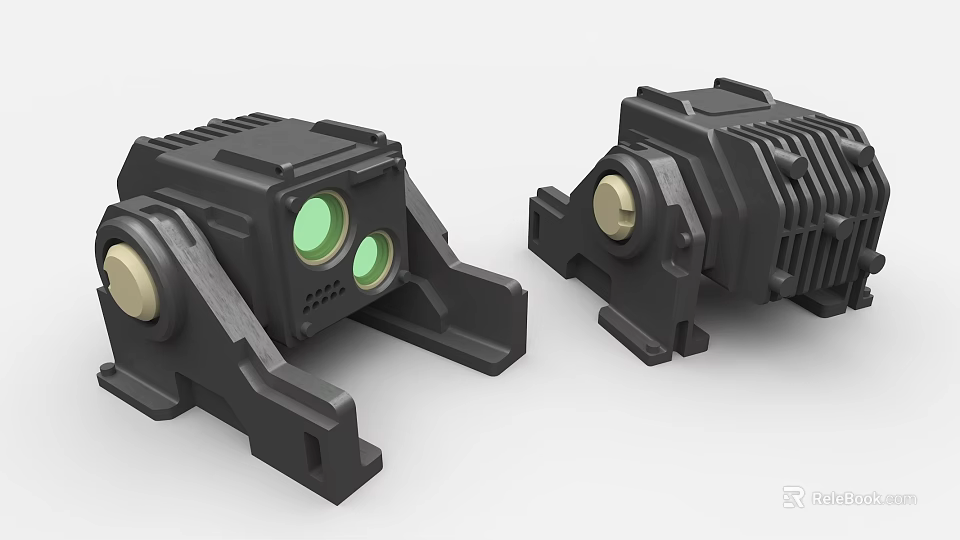 Black Industrial Optical Sensors With Green Lenses Gold Knobs And Mounting Brackets 3d model