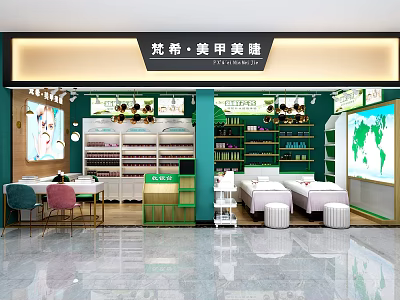 Elegant Beauty Salon Interior With Green Decor Manicure Tables Eyelash Beds And Product Shelves 3d model