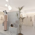 Modern Clothing Store Open Space With White Sofa Round Coffee Table And Hanging Clothes