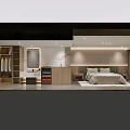 Modern Minimalist Hotel Guest Room With King Bed Green Pillows Wooden Accents And Recessed Lighting