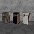 Three Public Facilities Trash Bins With Gray Black White Design And Wooden Stripes