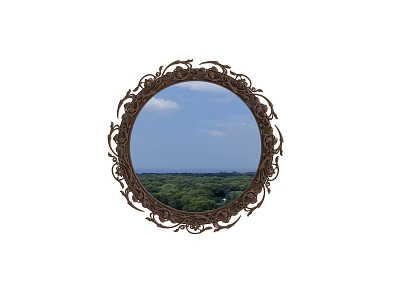Circular Ornate Frame Mirror Reflecting Blue Sky White Clouds And Green Trees 3d model