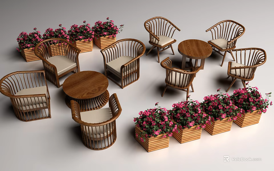 Wooden Outdoor Table And Chairs Set With Pink Flowers In Wooden Planters 3d model 