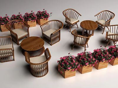 Wooden Outdoor Table And Chairs Set With Pink Flowers In Wooden Planters 3d model