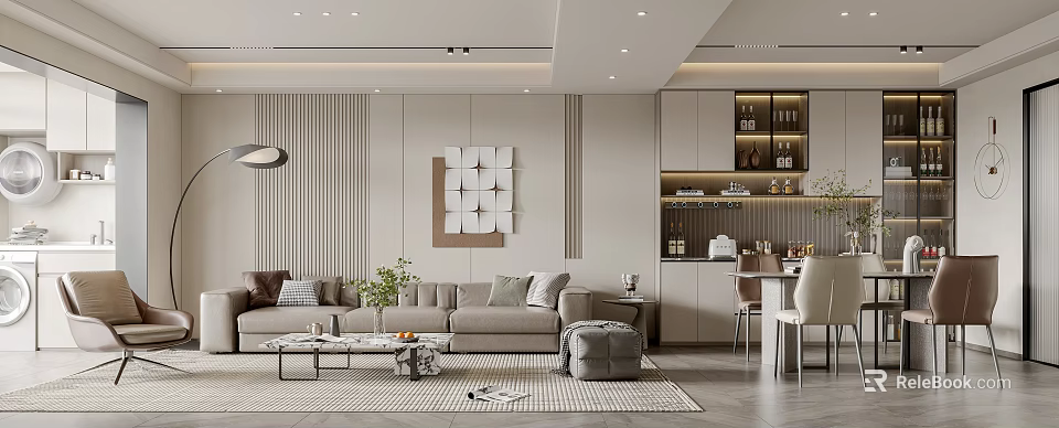 Modern Living and Dining Room Interior With Sofa Coffee Table Rug And Wall Art 3d model 