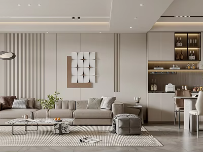 Modern Living and Dining Room Interior With Sofa Coffee Table Rug And Wall Art 3d model