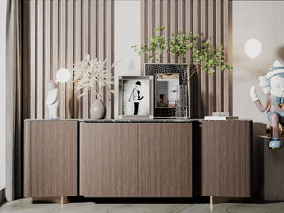 Modern Wooden Entryway Cabinet And Sideboard With Decorative Vase Green Plant Photo Frame Marble Top 3d model