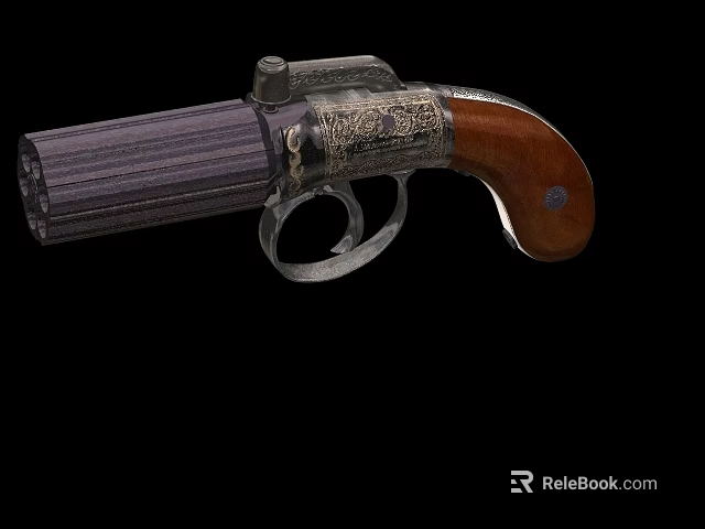 Vintage Revolver With Wooden Grip Metal Barrel Striped Design And Engraved Decoration 3d model 